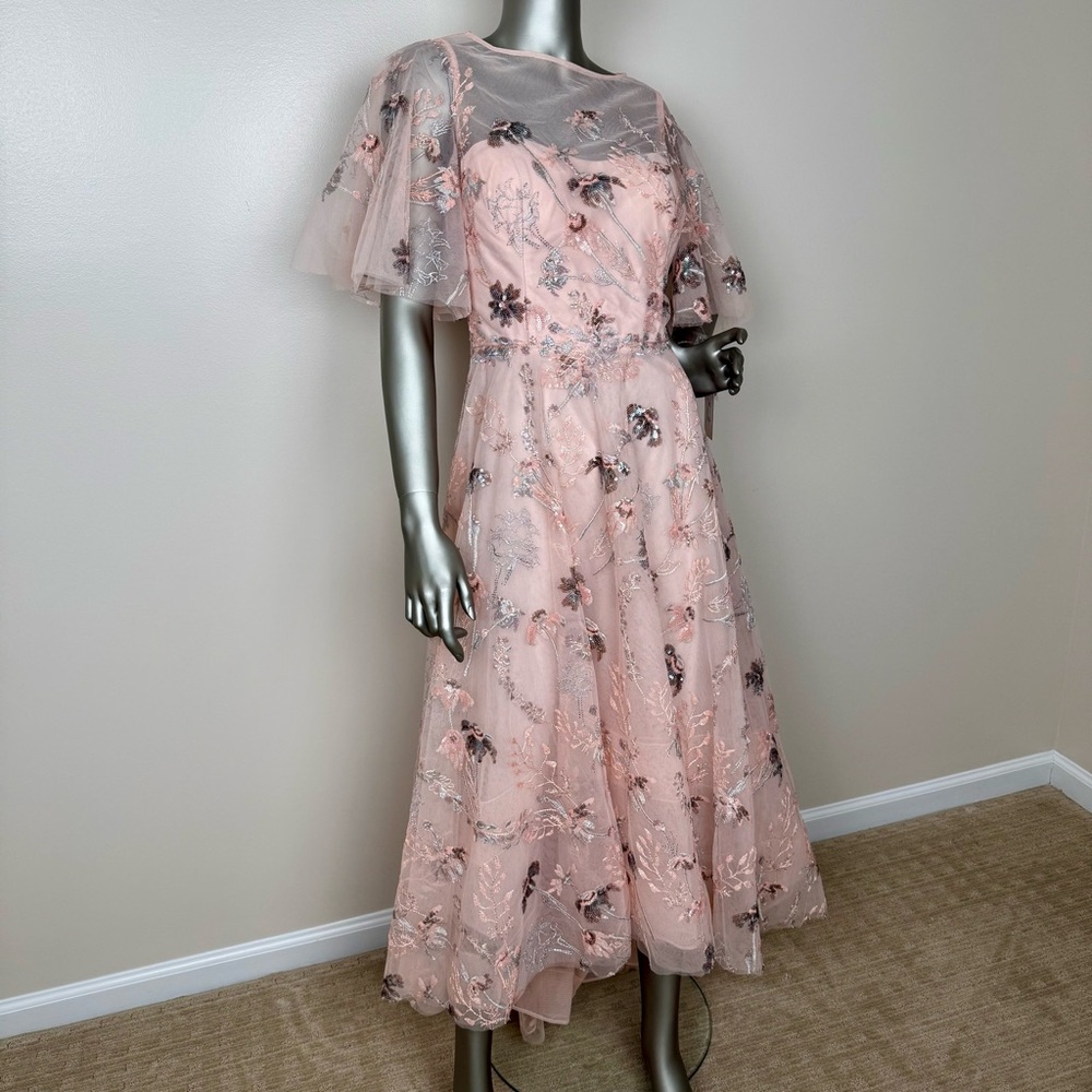 NWT Teri Jon Elegant Peach Floral Embroidrd Sequin Hi-Lo A-Line Cocktail Formal